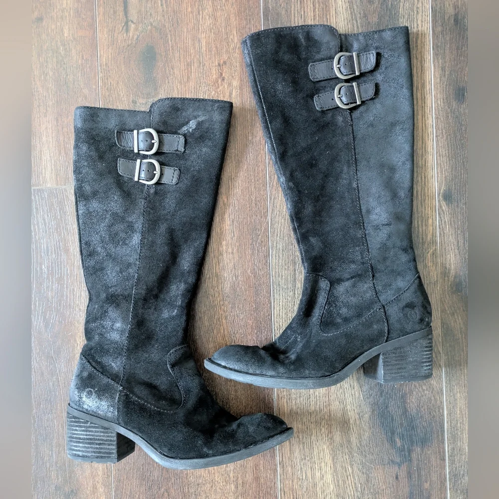 Born Womens‎ Basil Boots 6M Suede Leather Riding Black Western Lined Buckle Zip